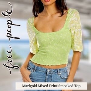 FREE PEOPLE Marigold Contrasting Quarter Sleeve All Over Smocked Crop Top-Md/NWT